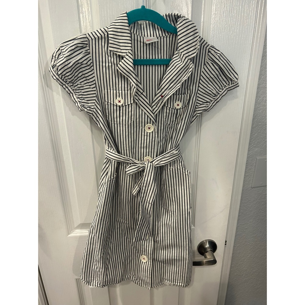 Gymboree Shirt Dress Blue White Striped Cotton Belted Puff Sleeve Kids Size 8